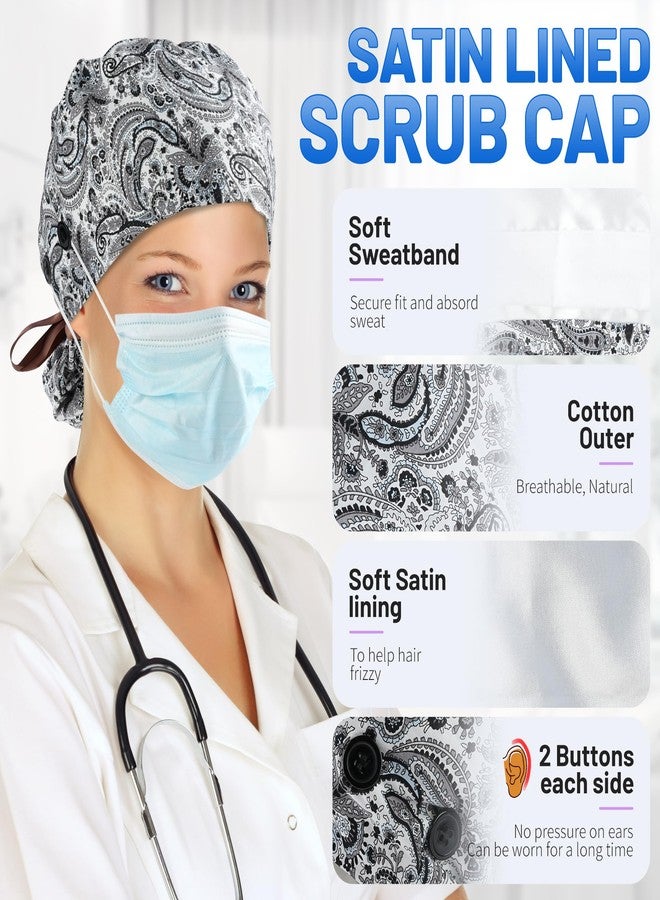 MISAKTEAM Satin Lined Scrub Cap for Women Nurse Scrub Hat Ponytail Dental Scrub Caps Surgical Bonnet with Buttons Black White - Image 2
